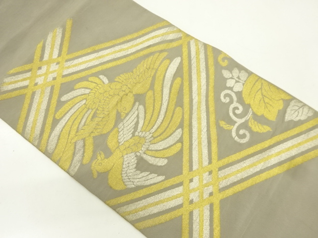 アンティーク　綴れ斜め格子に向かい鳥模様織り出し袋帯（材料）